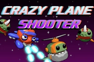 Barevné kreslené postavy vrtulníku, letadla a mimozemských obludek na tmavém pozadí s názvem Crazy Plane Shooter