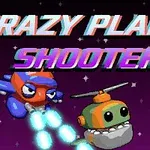 Barevné kreslené postavy vrtulníku, letadla a mimozemských obludek na tmavém pozadí s názvem Crazy Plane Shooter