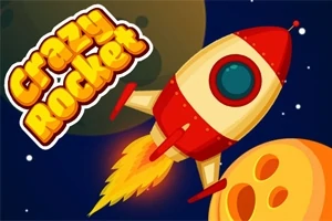Barevná raketa letící vesmírem s ohnivým ocasem, blízko oranžové planety a nápisem Crazy Rocket