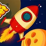 Barevná raketa letící vesmírem s ohnivým ocasem, blízko oranžové planety a nápisem Crazy Rocket