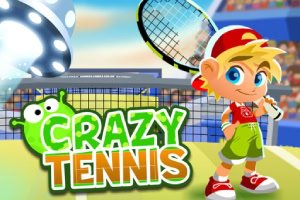 Animovaný kluk s tenisovou raketou stojí na tenisovém kurtu vedle nápisu Crazy Tennis