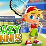 Animovaný kluk s tenisovou raketou stojí na tenisovém kurtu vedle nápisu Crazy Tennis