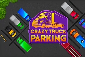 Barevná auta a nákladní vozy zaparkované v parkovišti s nápisem „Crazy Truck Parking“ uprostřed
