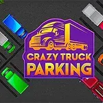 Barevná auta a nákladní vozy zaparkované v parkovišti s nápisem „Crazy Truck Parking“ uprostřed