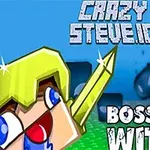 Kreslená postava s mečem a výraznými očima stojí před modrou scénou s nápisy Crazy Steve