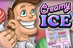 Postava muže s úsměvem drží zmrzlinu vedle textu Creamy Ice