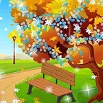 Podzimní park s lavičkou pod stromem s barevným listím a bobulemi