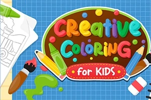 Barevný nápis Creative Coloring for Kids s pastelkami, štětcem a náčrtem lokomotivy na modrém pozadí