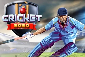 Ilustrace kriketového hráče ve světle modrém dresu s helmou a pálkou, s logem Cricket 2020 na pozadí