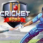 Ilustrace kriketového hráče ve světle modrém dresu s helmou a pálkou, s logem Cricket 2020 na pozadí