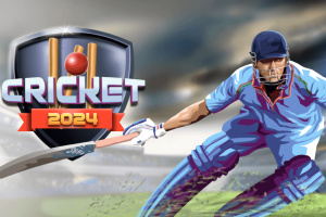 Krátce ostříhaný kriketista v modrém dresu se sklání při odpalu míčku na stadionu, vedle loga s nápisem Cricket 2024