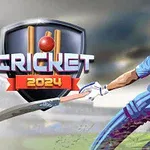 Krátce ostříhaný kriketista v modrém dresu se sklání při odpalu míčku na stadionu, vedle loga s nápisem Cricket 2024