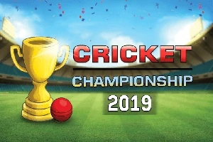 Zlatý pohár a červený kriketový míček na zeleném hřišti s nápisem CRICKET CHAMPIONSHIP 2019 na modré obloze