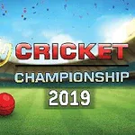 Zlatý pohár a červený kriketový míček na zeleném hřišti s nápisem CRICKET CHAMPIONSHIP 2019 na modré obloze