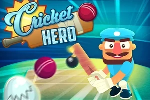 Kreslená postavička v modrém oblečení s pálkou drží kriketový míček na osvětleném hřišti, s nápisem Cricket Hero nahoře