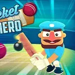 Kreslená postavička v modrém oblečení s pálkou drží kriketový míček na osvětleném hřišti, s nápisem Cricket Hero nahoře