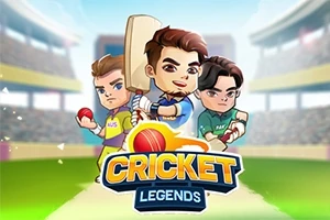 Tři kreslené postavy s kriketovou tématikou, každá drží kriketový míček nebo pálku, na stadionu s nápisem Cricket Legends