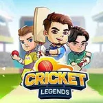 Tři kreslené postavy s kriketovou tématikou, každá drží kriketový míček nebo pálku, na stadionu s nápisem Cricket Legends