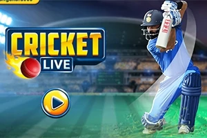 Kricketový hráč v modré uniformě s pálkou, logo Cricket Live a tlačítko pro spuštění na pozadí stadionu