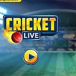 Kricketový hráč v modré uniformě s pálkou, logo Cricket Live a tlačítko pro spuštění na pozadí stadionu