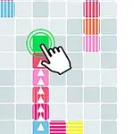 Schéma vícebarevných bloků na mřížce s ikonou ruky ukazující na zelený blok