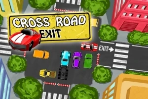 Kreslená scéna křižovatky s několika barevnými autíčky mezi městskými budovami a stromy, s výrazným nápisem Cross Road Exit