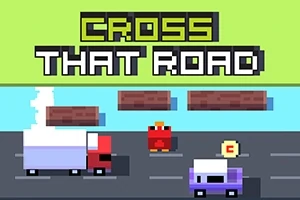 Barevná pixelová grafika s nápisem Cross That Road, zobrazující silnici s auty, vodní plochu s kládami a pixelovou postavu v podobě červeného kuřete