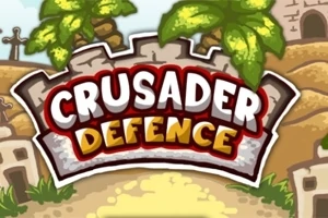 Logo s textem Crusader Defence na pozadí zelených palem a středověkého města
