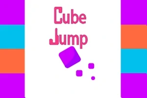 Barevné logo s nápisem Cube Jump a fialovým skákajícím kostkou na bílém pozadí, s pestrými vertikálními pásy po stranách