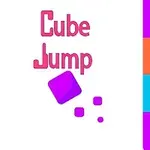 Barevné logo s nápisem Cube Jump a fialovým skákajícím kostkou na bílém pozadí, s pestrými vertikálními pásy po stranách