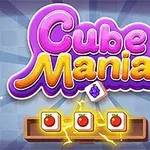 Barevný nápis Cube Mania s grafickým designem tří kostek s obrázky jablek na modrém pozadí