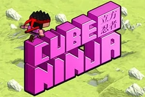Růžový nápis Cube Ninja v blokovém stylu s postavou ninji na zeleném pozadí s kameny