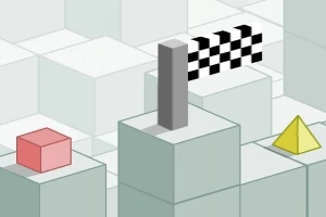 Růžová krychle, žlutá pyramida a šachovnicová vlajka na šedých kvádrech v izometrickém stylu