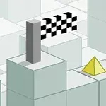 Růžová krychle, žlutá pyramida a šachovnicová vlajka na šedých kvádrech v izometrickém stylu