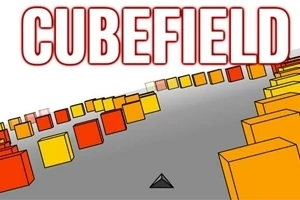 Barevné kostky ve 3D perspektivě na šedé dráze s nápisem CUBEFIELD nahoře