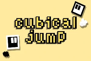 Název cubical jump s černobílými pixely na žlutém pozadí s čtvercovými postavičkami
