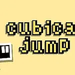 Název cubical jump s černobílými pixely na žlutém pozadí s čtvercovými postavičkami
