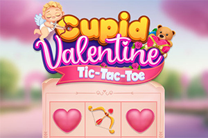Název Cupid Valentine Tic-Tac-Toe s kresleným amorkem, medvídkem a symbolem lukostřelce na růžovém pozadí