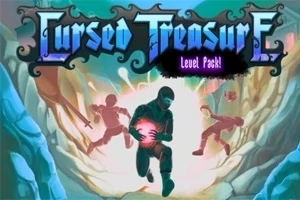 Postava se zářící koulí v ruce utíká před dvěma pronásledovateli v skalnatém prostředí s nápisem Cursed Treasure nahoře