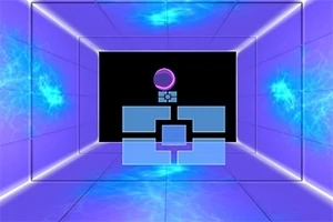 Futuristická místnost s fialově a modře osvětlenými stěnami a geometrickými tvary uprostřed