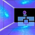 Futuristická místnost s fialově a modře osvětlenými stěnami a geometrickými tvary uprostřed