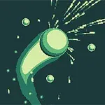 Světle zelený pixelovaný objekt ve tvaru tyče s lesklou koulí na konci a jiskřícími efekty na tmavém pozadí