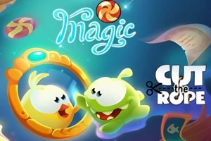 Dvě kreslené postavičky se setkávají u magického zrcadla na modrém pozadí s nápisem Magic a Cut the Rope