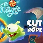 Dvě kreslené postavičky se setkávají u magického zrcadla na modrém pozadí s nápisem Magic a Cut the Rope