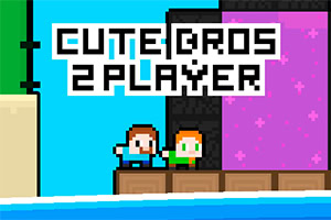 Dva animovaní postavičky stojí na plošině s textem Cute Bros 2 Player na modro-fialovém pozadí