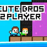 Dva animovaní postavičky stojí na plošině s textem Cute Bros 2 Player na modro-fialovém pozadí