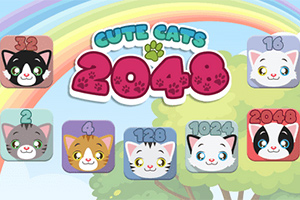 Roztomilé kočičí obličeje na různobarevném pozadí s duhou a zeleným stromem, doplněné nápisem Cute Cats 2048