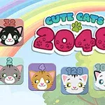 Roztomilé kočičí obličeje na různobarevném pozadí s duhou a zeleným stromem, doplněné nápisem Cute Cats 2048