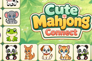 Logo Cute Mahjongs Connect obklopené dlaždicemi s roztomilými zvířaty na zeleném pozadí