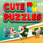 Text Cute Puzzles s obrázkem puzzle dílků na pláži s palmami a domečkem